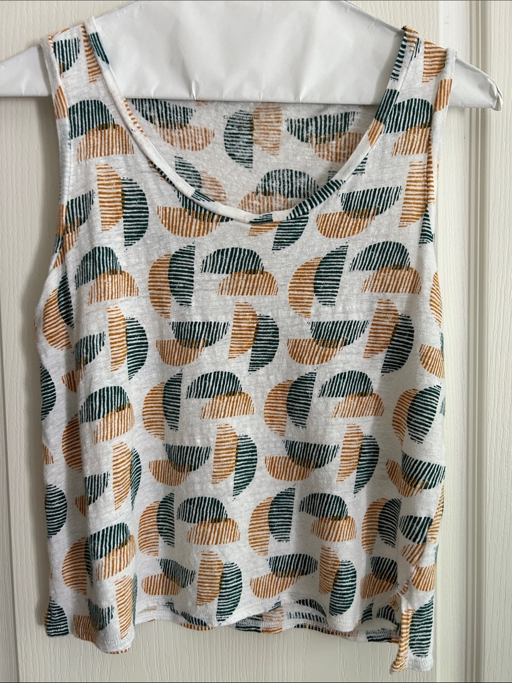 Garnet Hill XS relaxed fit organic linen Tank Top in White with Mustard & Tea